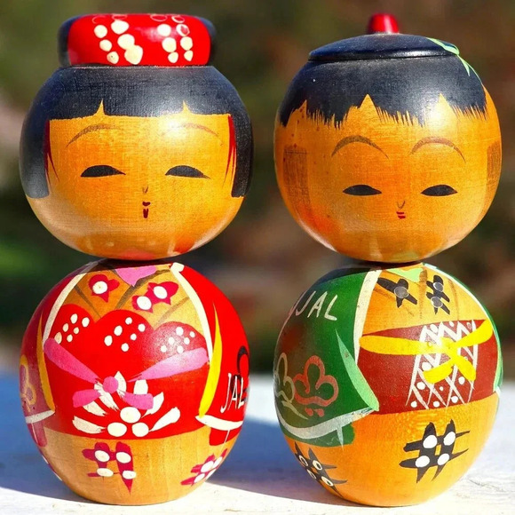 Japan Other - VTG Japanese Bobble Heads KOKESHI Wood Dolls Toys Hand Painted Kimono Craft